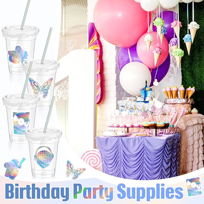 Domensi 50 Pcs Singer Birthday Party Pink Purple Music Theme Party Cups Holographic Birthday Supplies 12 oz Disposable Plastic Cup with Lid Straw Concert Guitar Disco Iridescent for Singer Fans