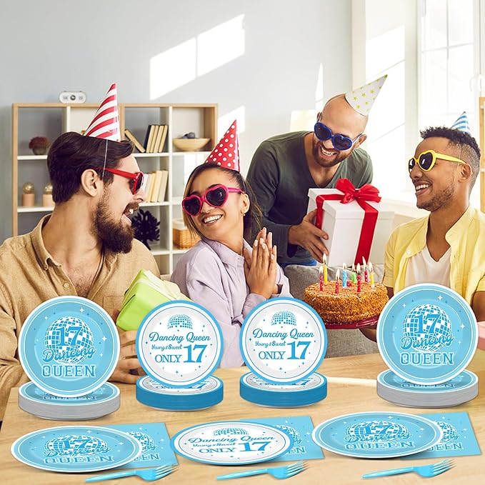 96Pcs Dancing Queen 17th Birthday Party Supplies Young and Sweet Only 17 Birthday Paper Plates Napkins Disposable Dancing Queen Disco Dinnerware for Party Bachelorette Decoration Serve 24