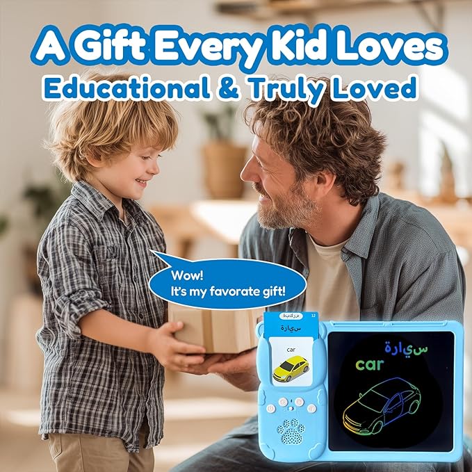 Drawing Tablet with Bilingual Flashcards for Kids - Arabic English Talking Flash Cards, LCD Writing Pad Board, Pocket Speech for Toddlers, Learning Toy Gift for Boys Girls (Arabic, Blue)