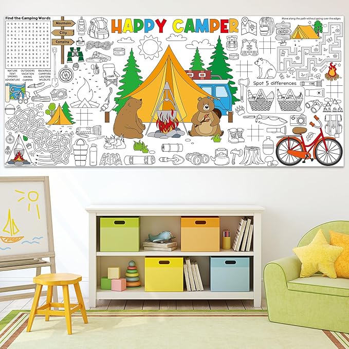 Naozinebi Camping Giant Coloring Poster for Kids Camper Summer Large Coloring Tablecloth Big Paper Sheets Page Camp Table Cloth DIY Activity Game Art Crafts Mat Wall Home Party Decoration Supplies