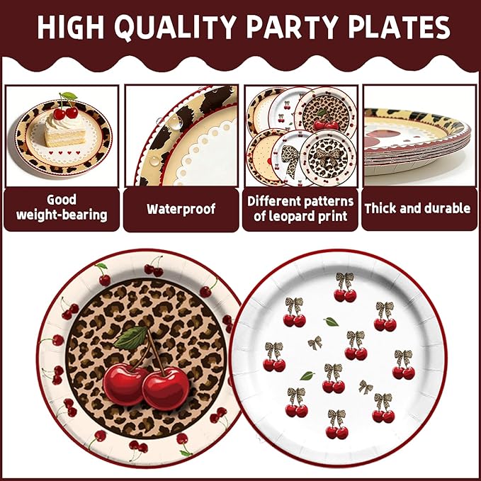 120PCS Cheetah Print Birthday Decorations Plates, Leopard Print Party Paper Plates Napkins and Cups, Leopard Cherry Theme Disposable Dinner Plate Tableware, Animal Print Plates Party Supplies Serve 30