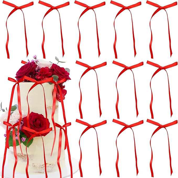 Ephlyn 30Pcs Bow Cupcake Toppers Valentine's Bowknot Ribbons Coquette Bow High Footed Cup Balloon Wall Party Decorations Cake Dessert Picks Baby Girl Birthday Wedding Party Supplies Red