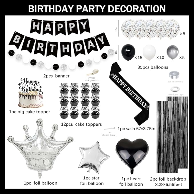 Black Silver Birthday Decorations for Men,Fringe Curtains Happy Birthday Banner,Red balloons,Cake Toppers for Boys