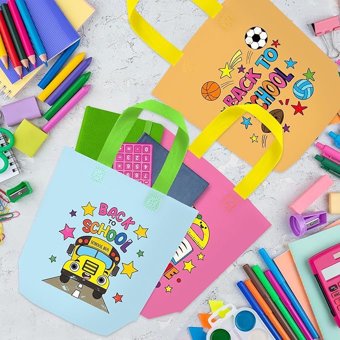 Back to School Coloring Goodie Bags for Kids - 24Pcs Welcome Back Bulk Color Your Own Gift Bags with Handle First Day of School Reusable Coloring Bag Non Woven Tote Bag for Classroom Party DIY Crafts