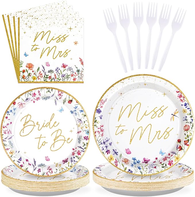 96Pcs Wildflower Bridal Shower Party Supplies Watercolor Floral Miss to Mrs Plates and Napkins Gold Foil Tableware Sets Bride to Be Decorations for Women Wedding Engagement Party Favor Serve 24