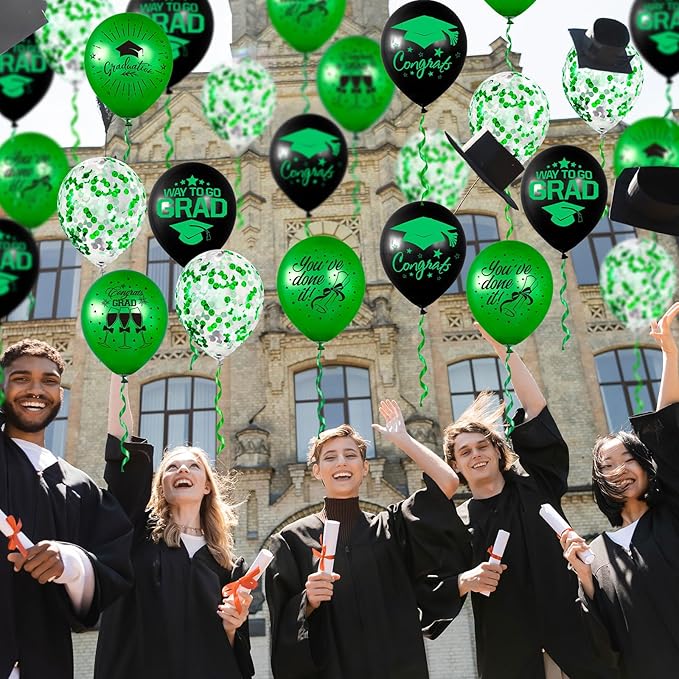 Whaline 60Pcs Graduation Party Balloon Set 7 Designs Confetti Latex Balloon with 2 Rolls Ribbon Grad Cap Congrats Grad Balloon for Graduation Party Decoration Supplies (Green, Black)