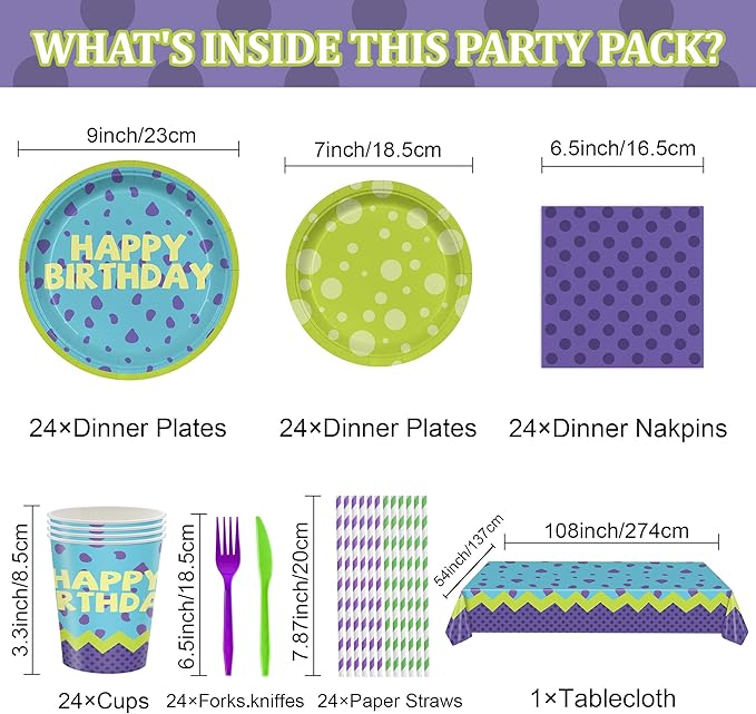 169PCS Monster Birthday Party Supplies for Boys Girl 1st 2nd Green and Purple Cartoon Themed Party Decorations with Paper Plates Cups Forks Knives and Straws Tableware Set for 24 Guests