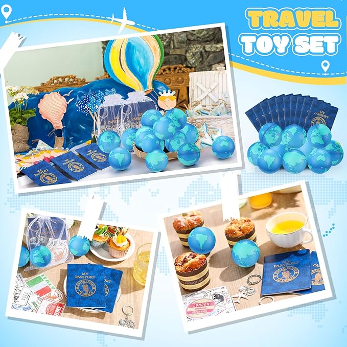 Maitys 144 Pcs Travel Party Earth Stress Balls, Airplane Keychain, Passport Book with Assorted Travel Stickers for Scrapbooks, Organza Bags for Adults Adventure Theme Party Supplies