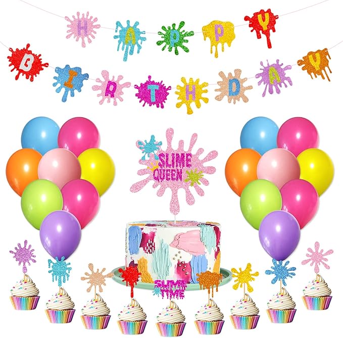 Slime Birthday Party Decorations Kit - Slime Queen Cake Topper Birthday Banner Cupcake Toppers Colorful Balloons for Kids Slime Party Baby Shower Party Supplies