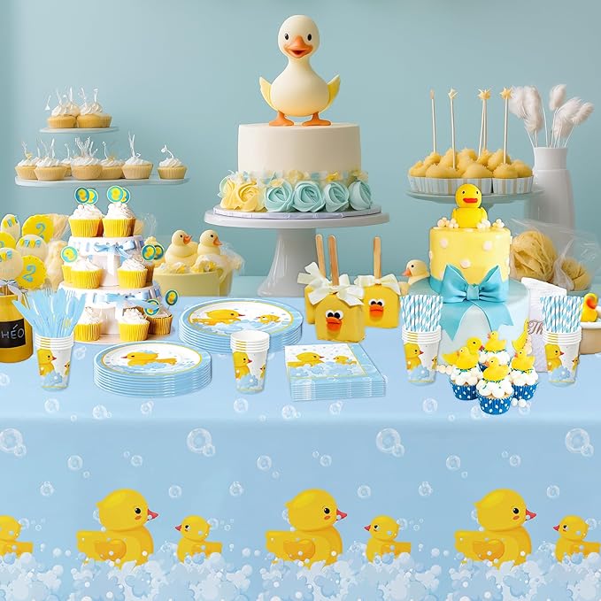 APOWBLS Rubber Duck Decorations Tableware - Bubble Bath Rubber Duck Party Supplies For Baby Shower Birthday, Paper Plate, Napkin, Tablecloth, Disposable Fork | Serves 24