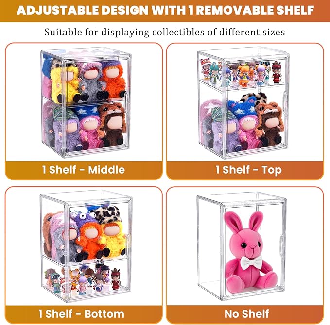 2 Pack Acrylic Display Case Compatible with Labubu POP MART, Clear Hobby Figure Display Case with Magnetic Door Stackable Storage Box Shelf Showcase for Funko Pop MART Labubu Doll Collectibles, Large