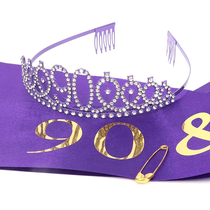 CIEHER Purple 90th Birthday Crown & Sash Set, '90 & Fabulous' Decorations for Women, One Size, Purple