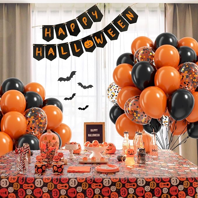 60pcs Orange and Black Halloween Balloons, 12inch Black Orange Latex Confetti Balloons for Ghost Halloween Birthday Party Decorations