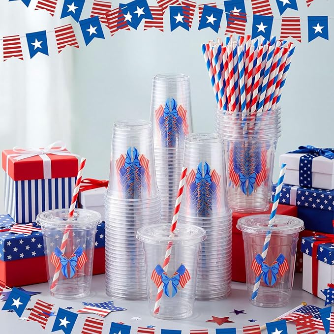 50 Pcs 16 oz 4th of July Cups Bulk Patriotic Party Favors Plastic Tumblers Red White and Blue Independence Day Disposable Party Supplies USA Memorial Drinking Cups for Coffee Juice Beverage