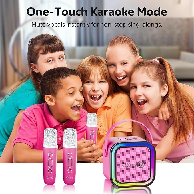 Contixo KS1A Kids Mini Karaoke Machine with LED Lights, 7–10H Playback, Dual Wireless Mics, Magic Voice Effects, Bluetooth Speaker for Children, Portable Singing Toy Gift for Boys & Girls, Pink