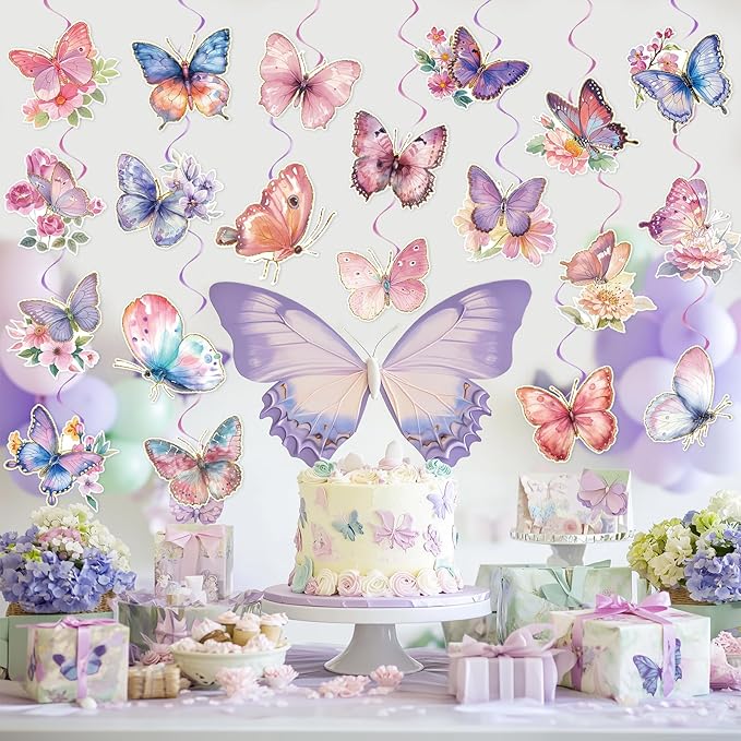 40Pcs Butterfly Hanging Swirl Decorations, Butterfly Hanging Ceiling Swirls, Spring Party Hanging Streamer for Butterfly Birthday Party Decor