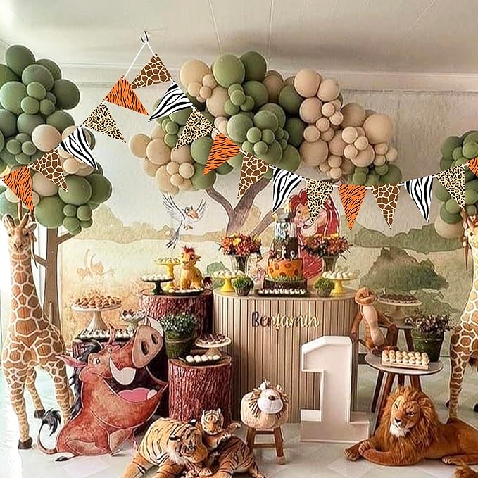 2 Pieces Animal Print Pennant Banner Jungle Theme Party Supplies Safari Birthday Party Decorations, Jungle Safari Birthday Banner for Animal Zoo Party Decor