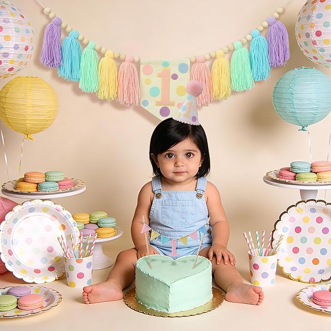 Macaron Pastel Dot 1st High Chair Banner Conical Cap Colourful Macaron Cake Topper for Boys Girls Birthday Party Decorations