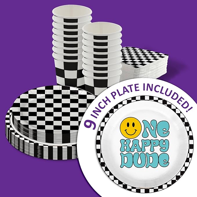 One Happy Dude Smiley Face 1st Birthday Party Supplies - 64 Piece Boys First Birthday Tableware Set Includes Large 9" Dinner Plates and 8" Dessert Paper Plates Napkins Cups - Kit for 16