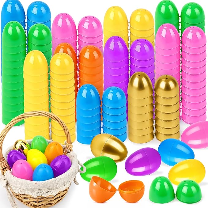 144 PCS Bulk Easter Plastic Eggs for Egg Hunt, Empty Fillable 2.36" 134 PCS Colorful Eggs with 10 PCS Golden Eggs for Basket Essentials Stuffers, Easter Party Favors Supplies Decorations