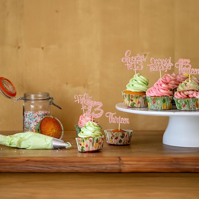 30Pcs 13th Birthday Cupcake Toppers Hello 13 Cupcake Picks Official Teenager Cheers to 13 Years Old Cake Decorations for 13th Birthday Anniversary Party Supplies Rose Gold Glitter