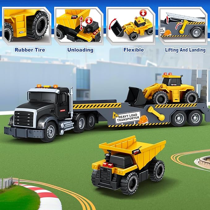 Toddler Boy Toys for 3 4 5 6 7 Years Kids, 21" Semi Construction Carrier Truck Toy with Excavator and Dump Truck, Friction Powered Toys with Lights and Sounds, Birthday for Boy Girls