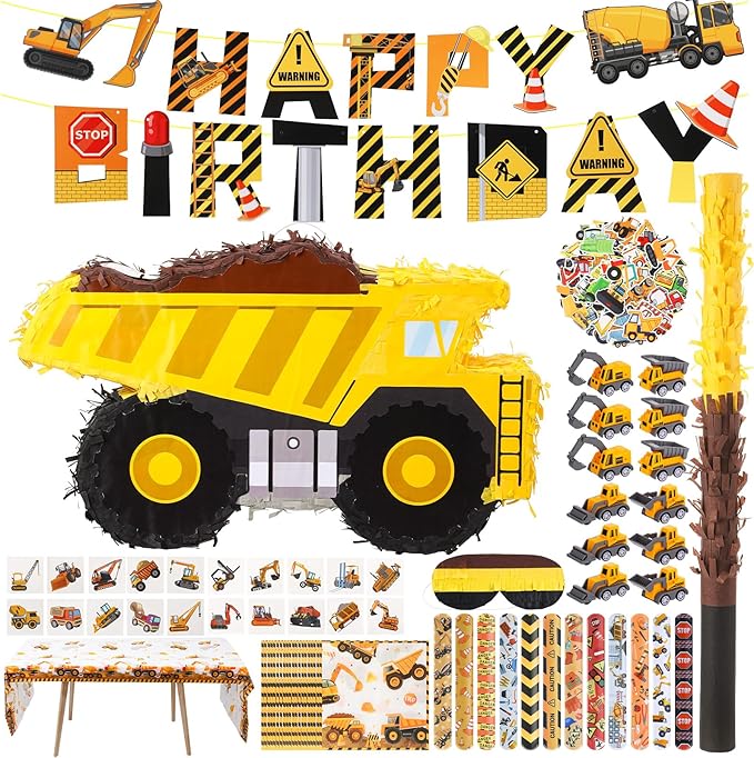 Construction Party Favors Kit Excavator Pinata with Blindfold Bat, Construction Party Supplies, Goodie Bag Fillers for Adult Birthday