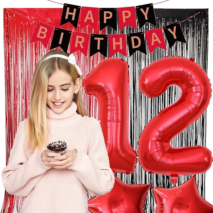 12th Birthday Decorations for Boys Red Black 12th Happy Birthday Banner Party Supplies Number 12 Balloons Fringe Curtain 12 Years Old Bday Party Supplies Kit for Him Her Girls (Red)