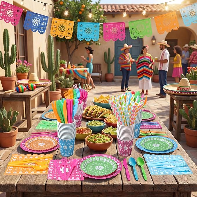 450 Pcs Fiesta Tableware Set Decorations Cinco De Mayo Paper Plates Mexican Colorful Papel Picado Disposable Napkins Cups Cutlery Straws for Taco Carnival Birthday Party Supplies, Serves 50