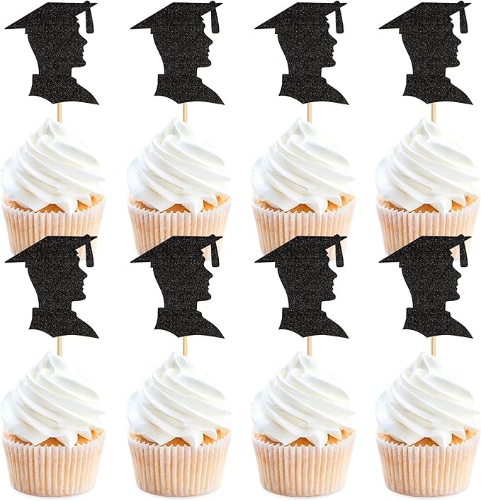 24pcs 2026 Black Male Student Graduation Cupcake Toppers Boys Graduate Silhouette Cupcake Picks 2026 Students Graduation Theme Party Cake Decorations Supplies