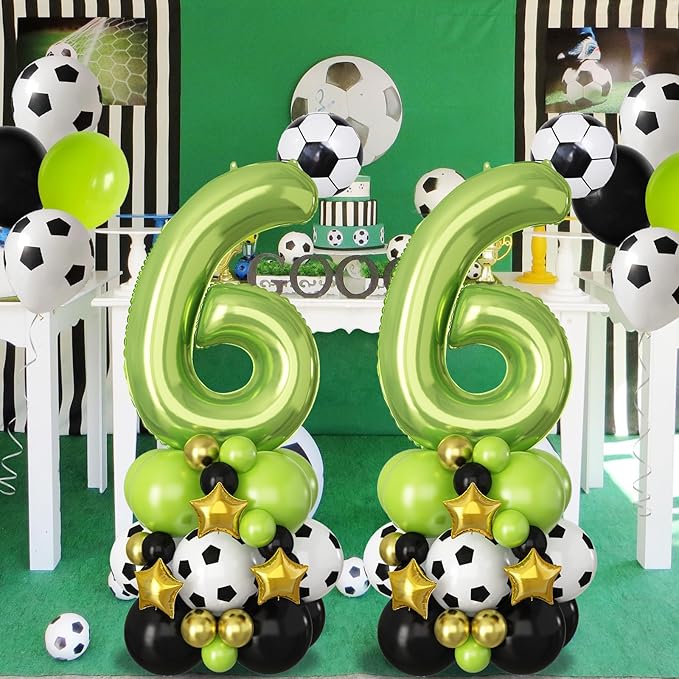 40 Inch Number 6 Balloon Green Soccer Number Six Foil Balloons Tower Set for Boys 6th Birthday Party Decorations Giant Large Digital Aluminum Balloons Stack for Football Lover World Sports Game