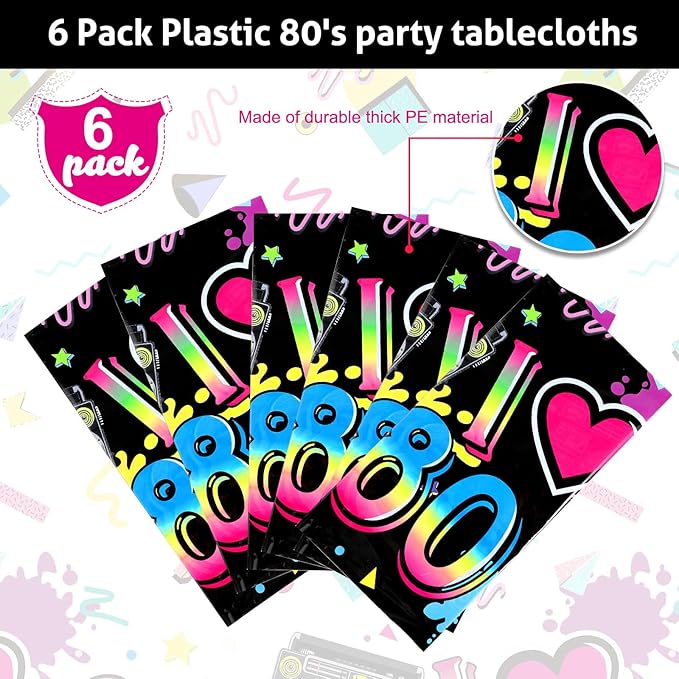 Tegeme 6 Pack 80s Plastic Party Tablecloth 80's Party Table Cover 80s Birthday Supplies The 80's Hip Hop Decoration Throwback Birthday Decoration for Dining Room, 54 x 108''