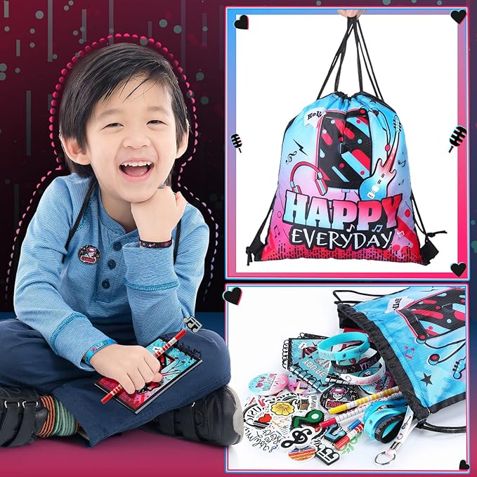Jexine 128 Pcs Music Theme Party Supplies Include 12 Silicone Bracelets, 12 Keychains, 12 Badges, 12 Pencils, 12 Drawstring Bag, 18 Spiral Notepads, 50 Musical Stickers for Kids Birthday Party (Music)