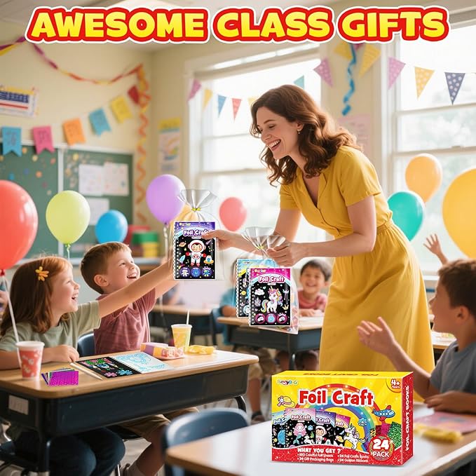 FUNNYB&G Foil Art Party Favors for Kids - 24 Pack Foil Art Crafts Kits Coloring Books, Goodie Bag Stuffers Party Favors for Kids 4-8 8-12, Bulk Birthday Classroom Prizes Girls Boys Gifts (Classic)