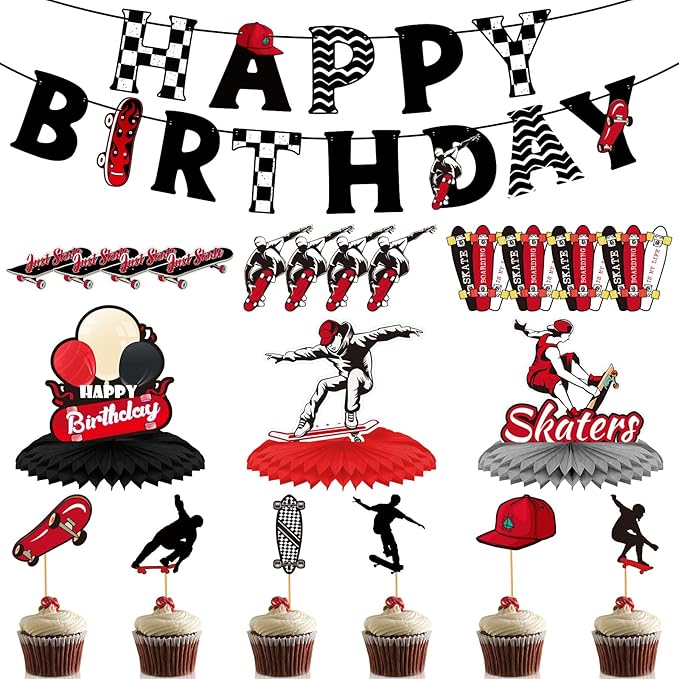 Outus 34 Pcs Skateboard Birthday Party Decorations Skater Party Supplies Skateboard Birthday Decorations Kit Banner Table Centerpieces Cupcake Topper Extreme Skateboarding Cool Decor for Skater Gifts