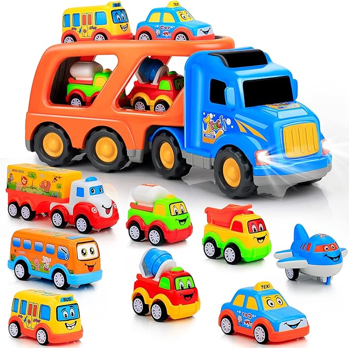 Forty4 9 Pack Cars Toys for 2 3 4 5 Years Old Toddlers Boys & Girls Gift, Big Transport Truck with 8 Small Cute Pull Back Trucks, Carrier Truck with Sound & Light 13.5 * 5.5 inch, 2.5 * 1.6 inch