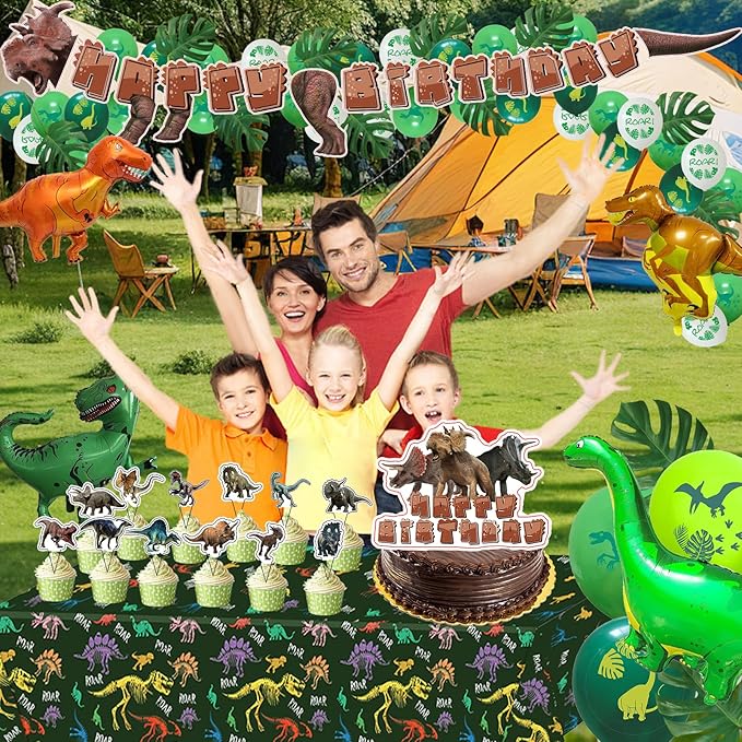 Dinosaur Birthday Party Supplies, Dinosaur Style Decorations Include Backdrop, Tablecloth, Banners, Cake Decoration, Cupcake Toppers, Latex and Aluminum foil Balloons, Hanging Swirls, Tableware Set