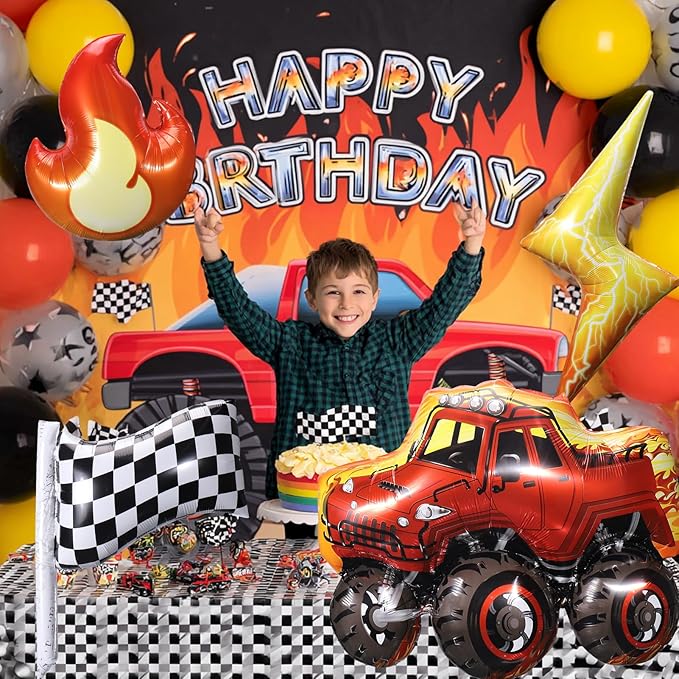 4 Pcs Truck Balloons, Huge Truck Flags Lightning Flame Aluminum Foil Balloons for Birthday, Baby Shower, Race Car Theme Party Decorations Supplies
