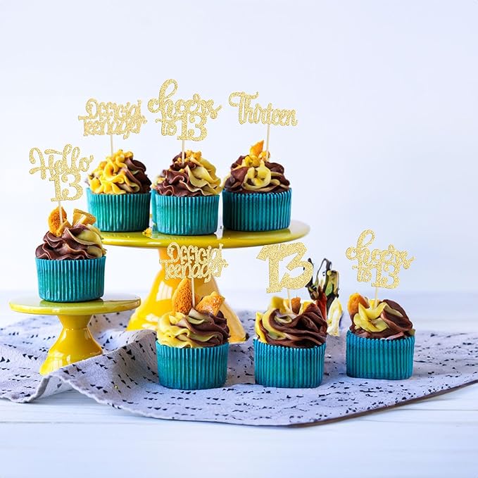 30Pcs 13th Birthday Cupcake Toppers Hello 13 Cupcake Picks Official Teenager Cheers to 13 Years Old Cake Decorations for 13th Birthday Anniversary Party Supplies Gold Glitter