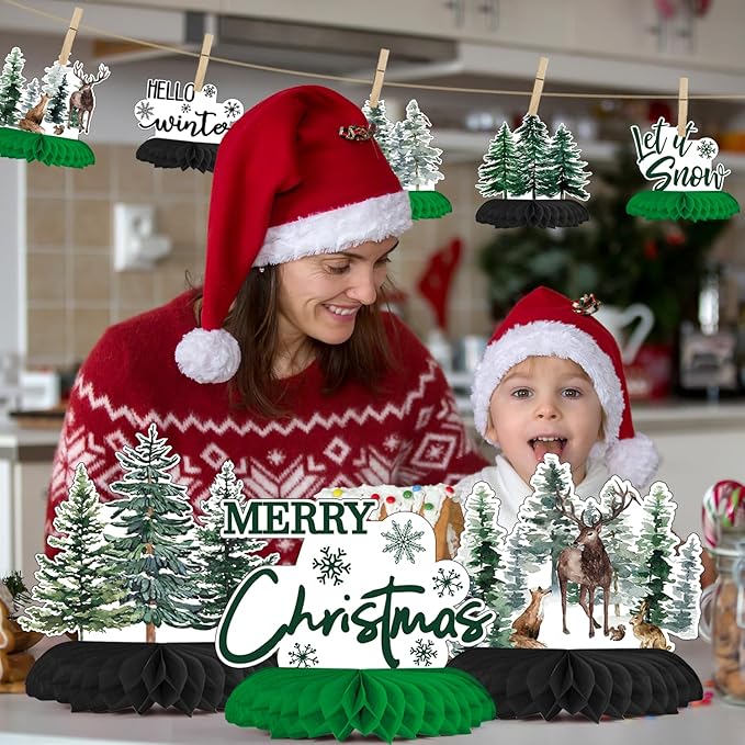 Horaldaily 9PCS Christmas Party Table Decoration Centerpieces, Merry Christmas Xmas Trees Deer Squirrel Rabbit Honeycomb Centerpieces Table Toppers for Christmas Themed Birthday Party