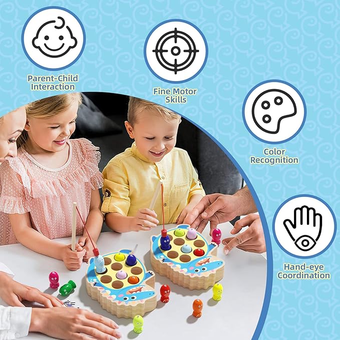 Magnetic Wooden Fishing Toy for Toddlers 2-4, Crocodile Montessori Toys for 2 3 4 Year Old, Fine Motor Skills Early Educational Learning Toy for Kids Boys Girls (Dinosaur)