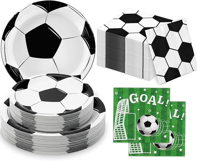 150 PCS Soccer Plates and Napkins, Soccer Party Supplies Disposable Paper Plates and Napkins Tableware Set for Boys Sports Soccer Birthday Party Decorations, Serves 50