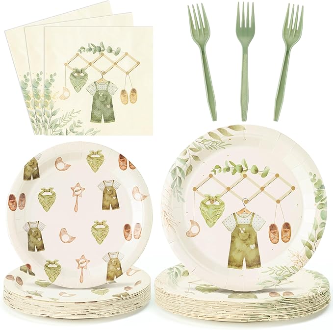 96Pcs Eucalyptus Baby Shower Party Plates Supplies Greenery Sage Green Leaves Baby Boy Tableware Decorations Disposable Paper Plates Napkins Forks for Kids Birthday Gender Reveal, Serves 24