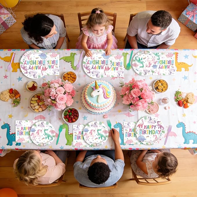 96Pcs Dinosaur Unicorn Birthday Party Decorations Dinosaur Unicorn Birthday Plates and Napkins Set Rainbow Dino Decoration for Girls Princess Magical Pastel Pink Rainbow Bday Party Supplies Serves 24