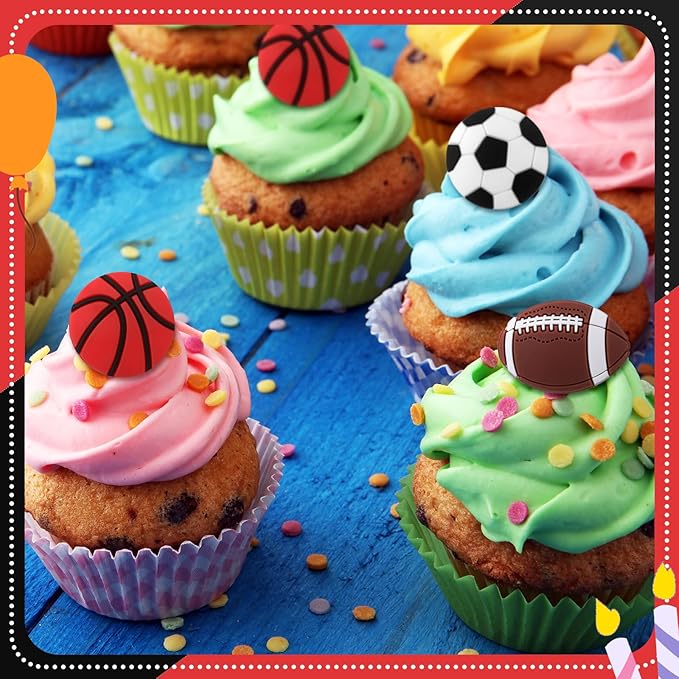 Honeydak 48 Pcs Sports Cupcake Toppers Senior Night Basketball Decoration Football Softball Soccer Cupcake Rings Toppers Picks Decoration 2026 for Sport Football Party Birthday Party Cake Supplies