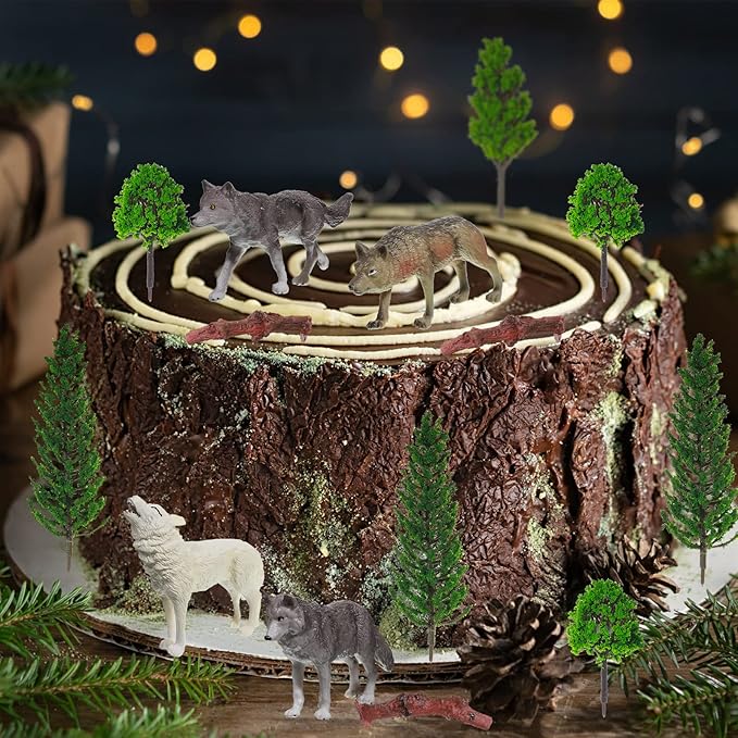 Sratte 26 Pcs Woodland Wolf Figurines Toys Small Wolf Figures with Model Trees Kit Playset Cake Toppers Diorama Project Kit for Kids Toddlers Birthday Gift Decor