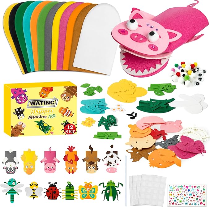 WATINC 12Pcs Hand Puppet Making Kit, Art Craft Felt Sock Puppet Toys, Creative DIY Make Your Own Pompoms Wiggle Googly Eyes Storytelling Role Play Party Supplies Gift for Girls Boys (Insect A Farm A)