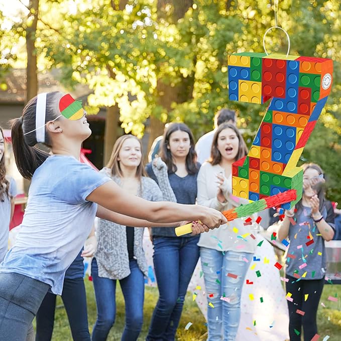 Number 7 Pinata with Blindfold and Bat Stick Building Block 7th Birthday Decorations for Kids Boys Girls Building Block Birthday Party Games Number Pinata for Fiesta