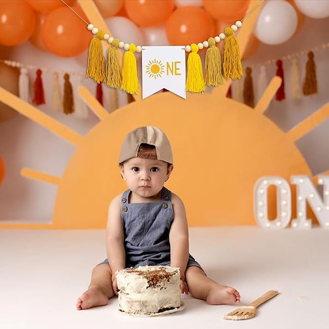 Gostman Sun One Tassel High Chair Banner - First Trip Around The Sun Birthday Party Decoration, Sun Sign First Birthday Party Supplies, Sunshine Highchair Banner