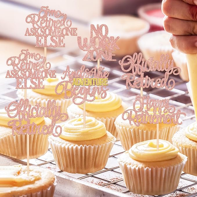 30 PCS Happy Retirement Cupcake Toppers Officially Retired Cake Toppers No Work Zone Adventure Begins Cupcake Picks for Retirement Theme Farewell Birthday Party Decorations Supplies Rose Gold